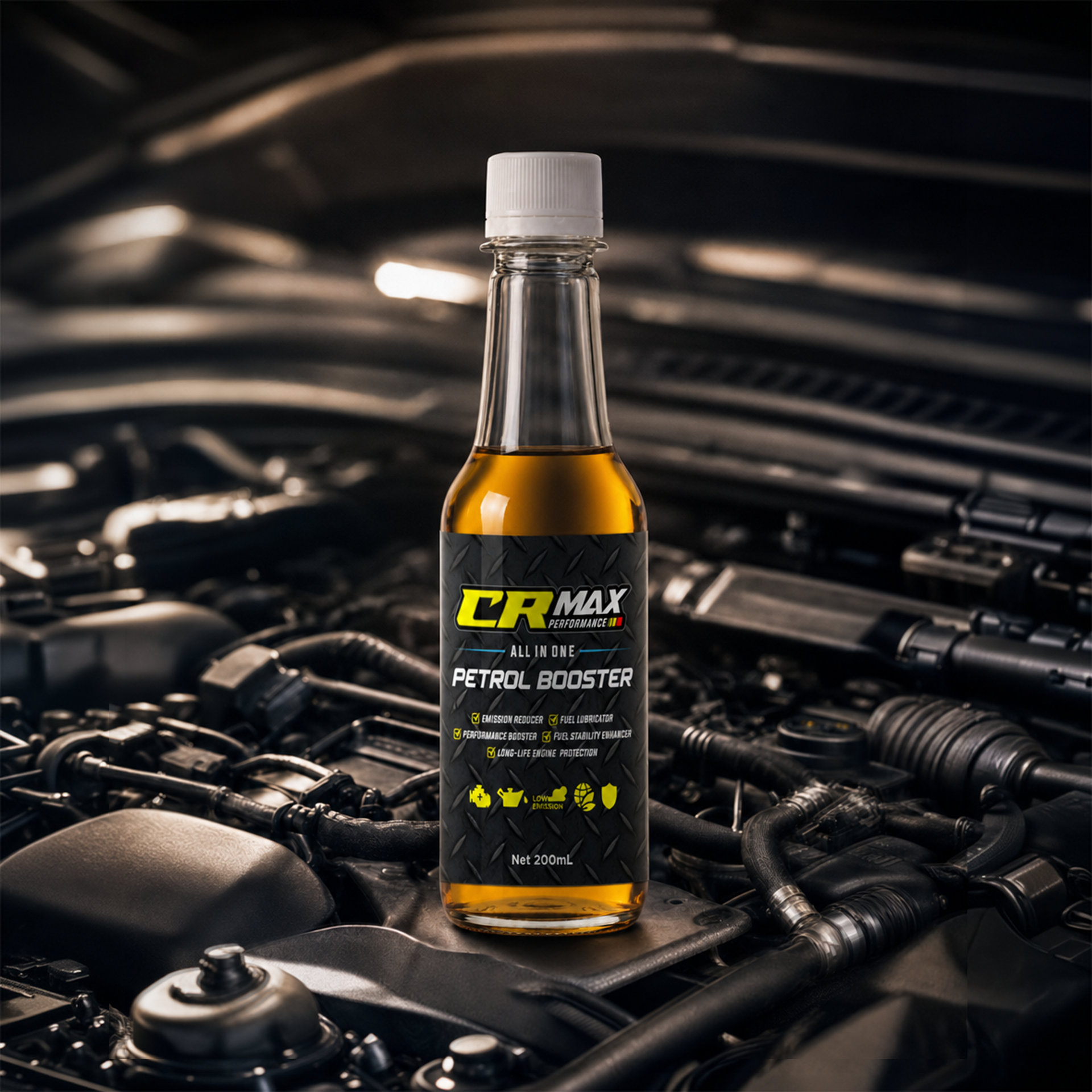 CRMax Petrol Booster bottle resting in an engine bay