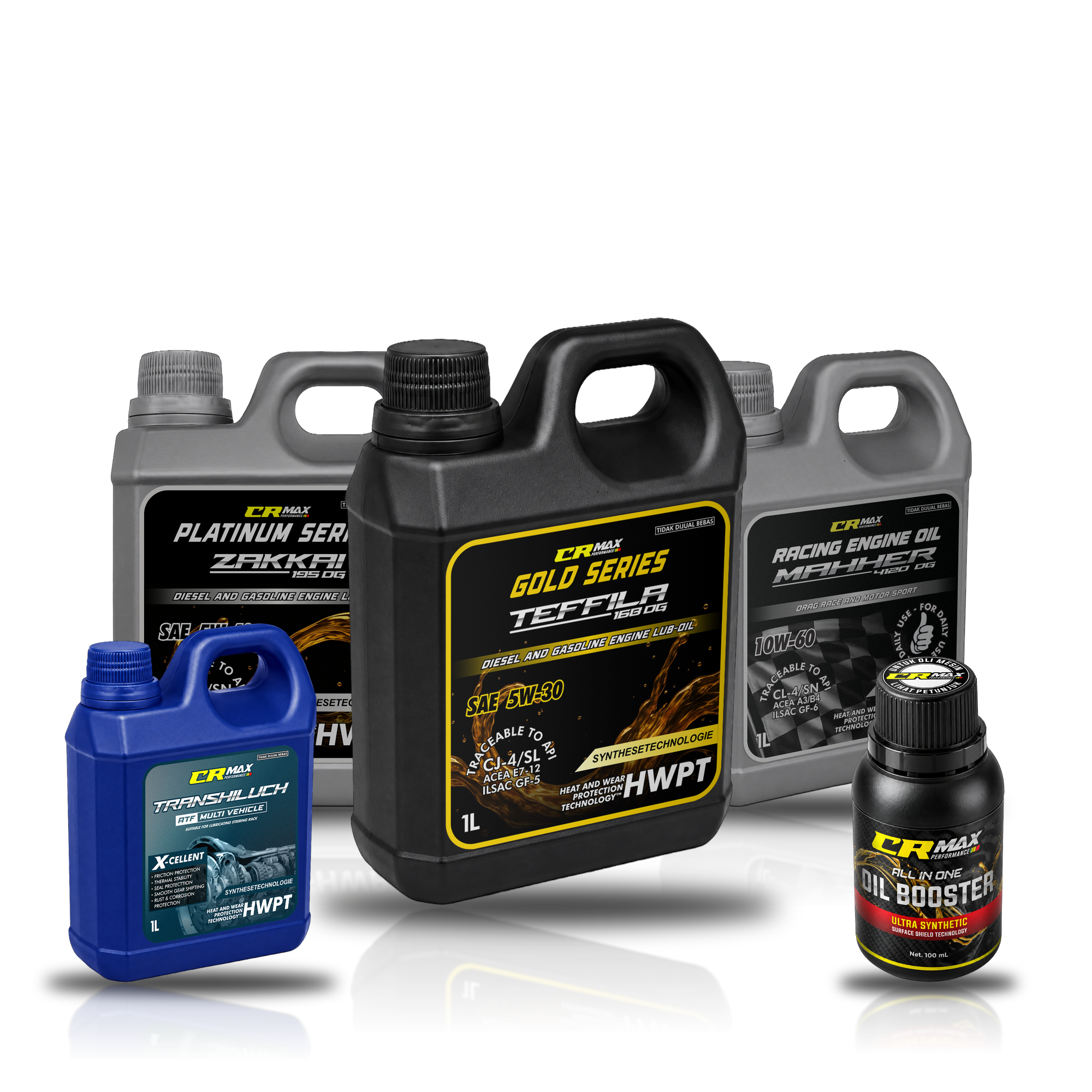 CRMax lineup: Zakkai 5W-40, Teffila 5W-30 and Mahher 10W-60 engine oils with Transhiluch ATF and Oil Booster
