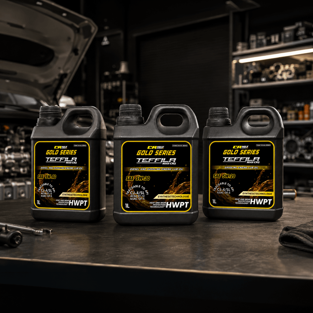 Three Bottles of CRMax engine oil on a garage